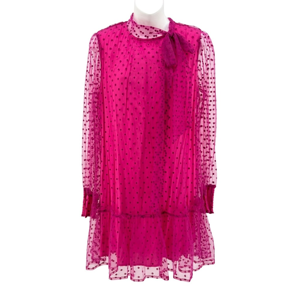 Meritt Dress Medium Pink Polka‎ Dot Mesh Tie Neck Long Sleeve Mini Sheer Party